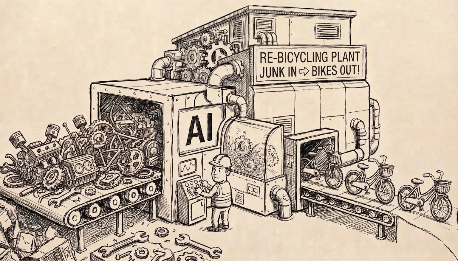 A pen-and-ink illustration of a factory labelled "Re-Bicycling Plant – Junk In → Bikes Out!" with an AI processing module in the middle, junk parts entering on a conveyor belt and assembled bicycles emerging on the other side.