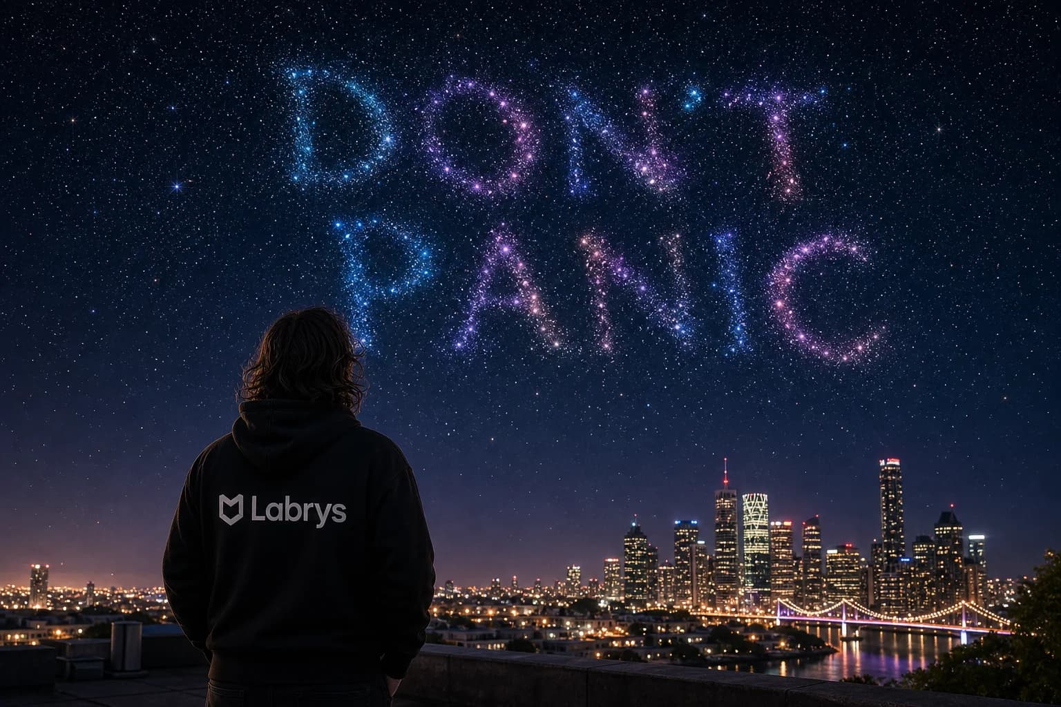 Person in a Labrys hoodie looking up at "Don't Panic" written in the stars above a city skyline at night.