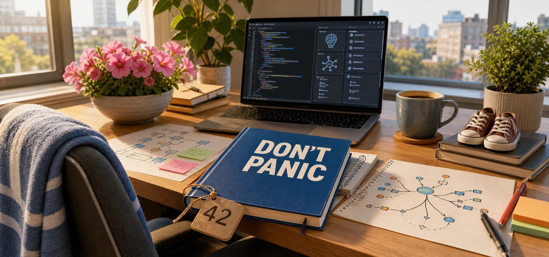 A Hitchhiker's Guide-themed engineer's desk: a 'Don't Panic' notebook with a '42' luggage tag, a laptop showing code, an AI mind-map sketch, a blue towel, and pink petunias.