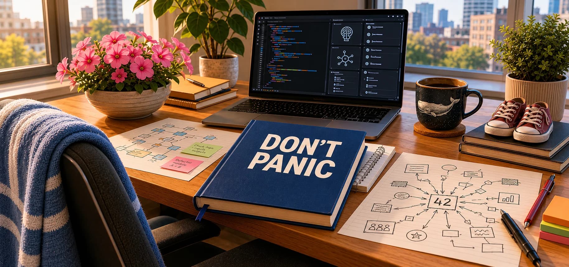 A Hitchhiker's Guide-themed engineer's desk: a 'Don't Panic' notebook with a '42' luggage tag, a laptop showing code, an AI mind-map sketch, a blue towel, and pink petunias.