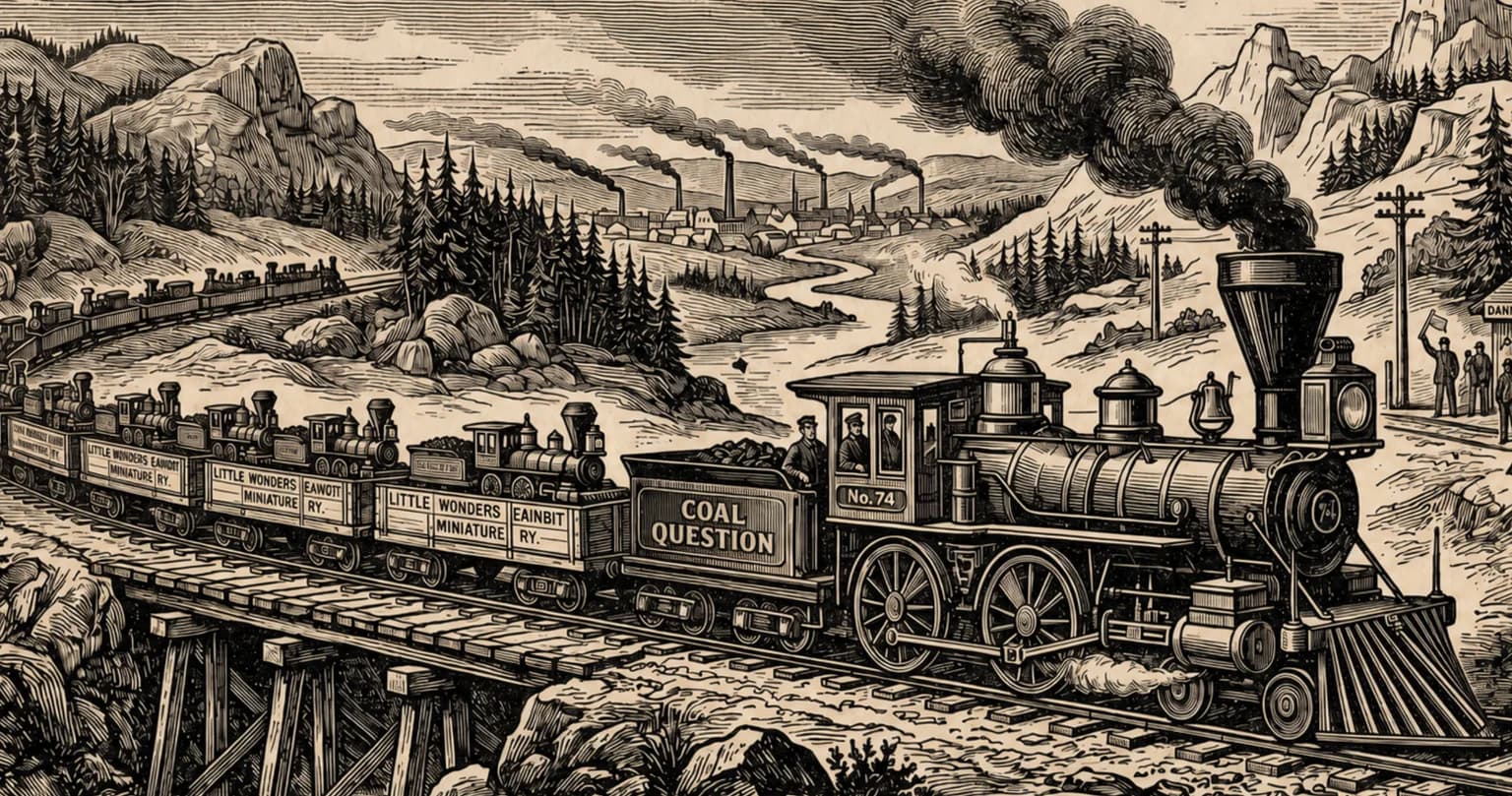 A vintage engraving-style illustration of a steam locomotive labelled 'Coal Question No. 42' hauling carriages across a trestle bridge, with mountains and an industrial town with smokestacks in the background.