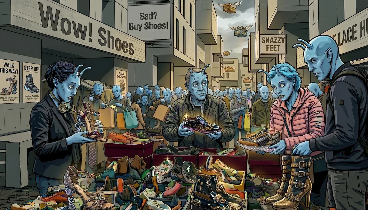 Blue-skinned aliens browsing crowded shoe-market stalls beneath signs reading 'Wow! Shoes', 'Sad? Buy Shoes!' and 'Snazzy Feet'.