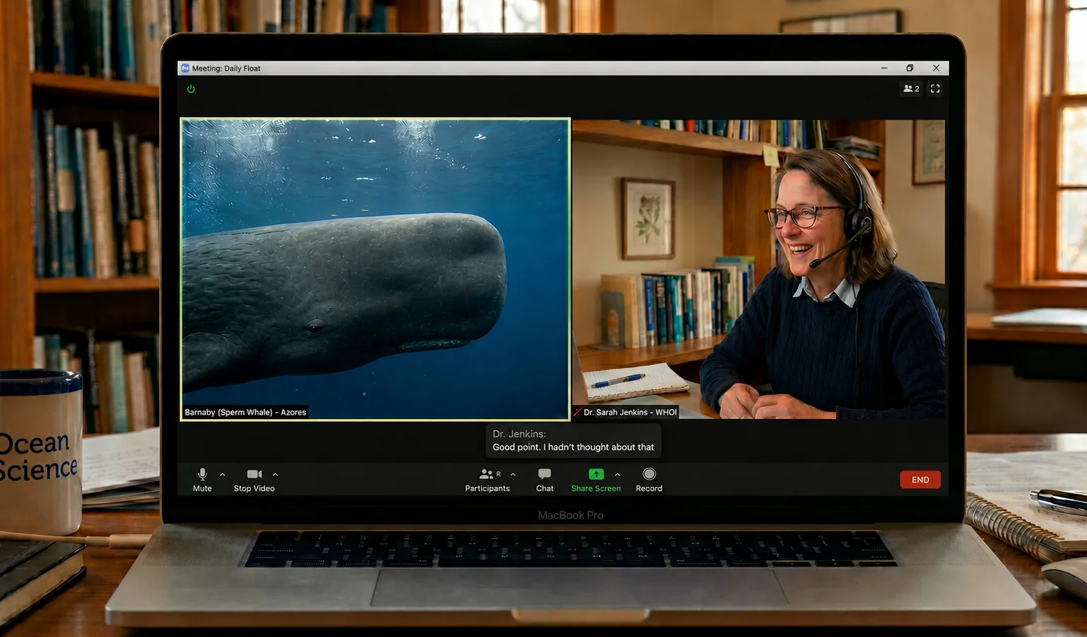 A laptop on a desk showing a video call between a marine scientist and a sperm whale swimming in the ocean, captioned 'Barnaby (Sperm Whale) - Azores' and 'Dr. Sarah Jenkins - WHO'.