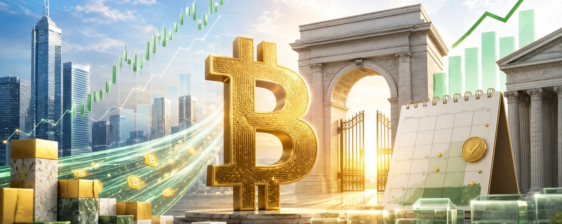 Generated editorial visual of a Bitcoin ETF countdown calendar and market curve.
