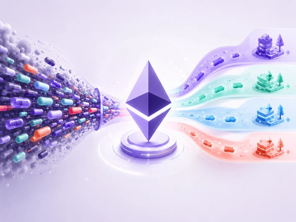 Generated editorial visual of Ethereum blob data blocks and proto-danksharding lanes.