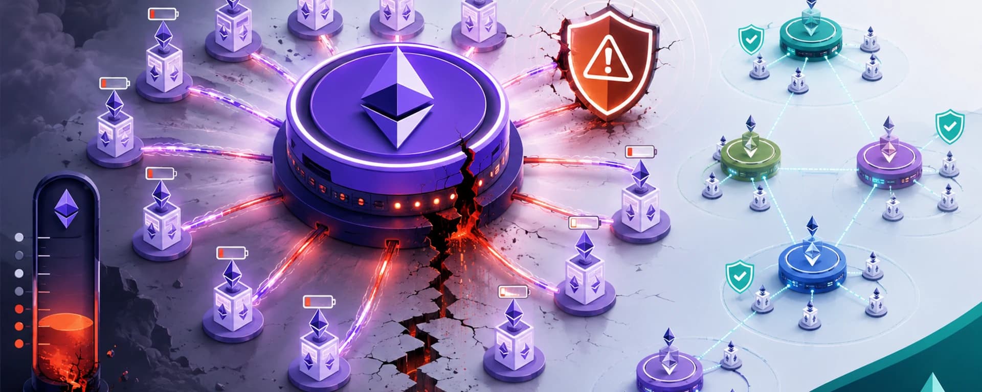 Generated editorial visual of Ethereum staking client diversity and validator risk signals.