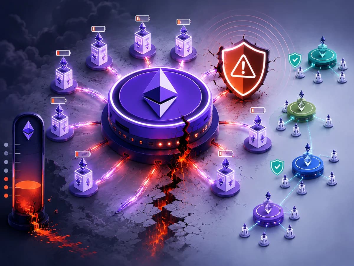 Generated editorial visual of Ethereum staking client diversity and validator risk signals.