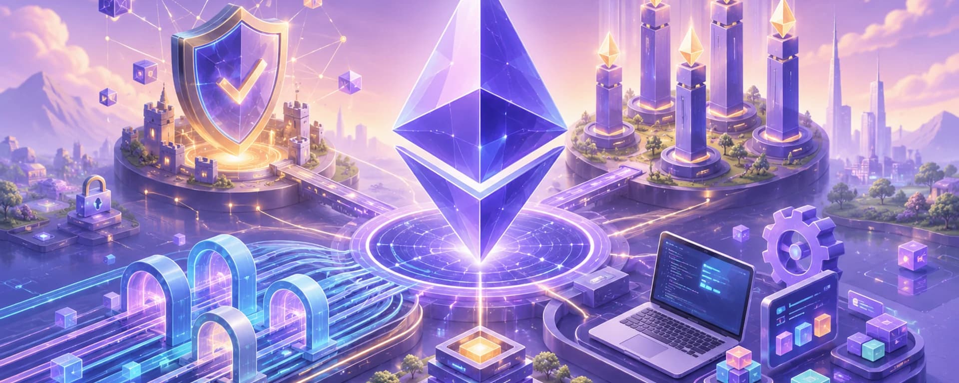 Generated editorial visual of Ethereum upgrade rings, validator changes and scaling shards.