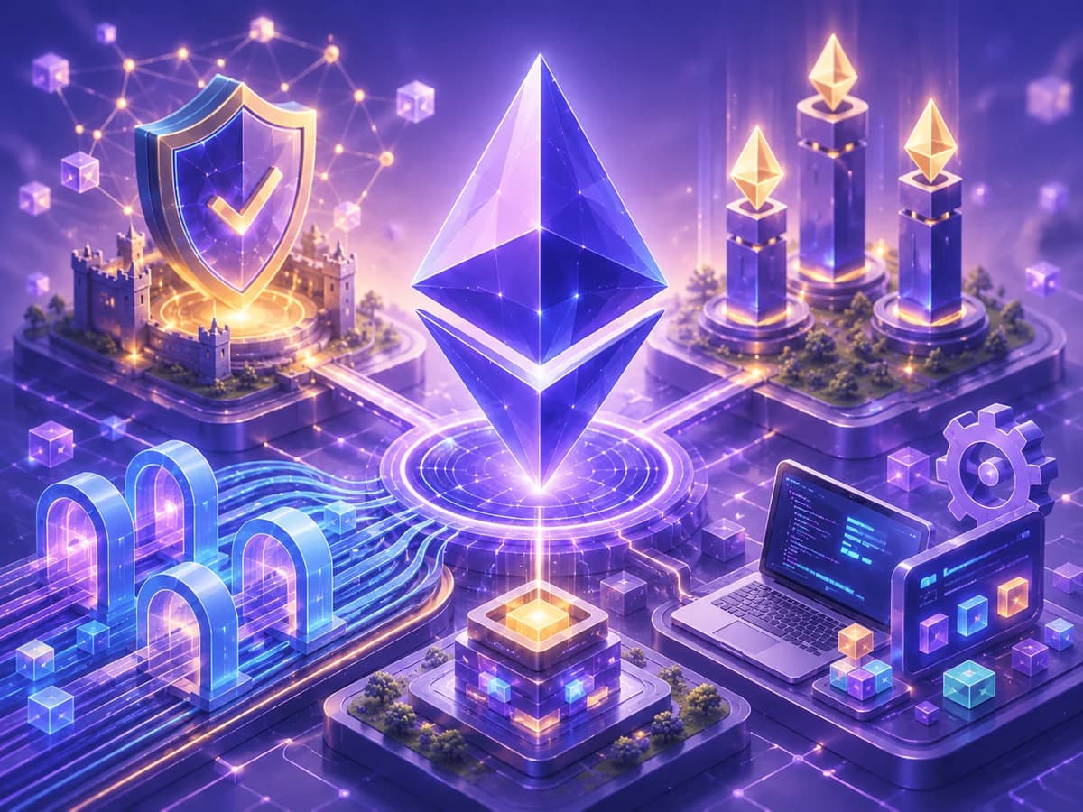 Generated editorial visual of Ethereum upgrade rings, validator changes and scaling shards.
