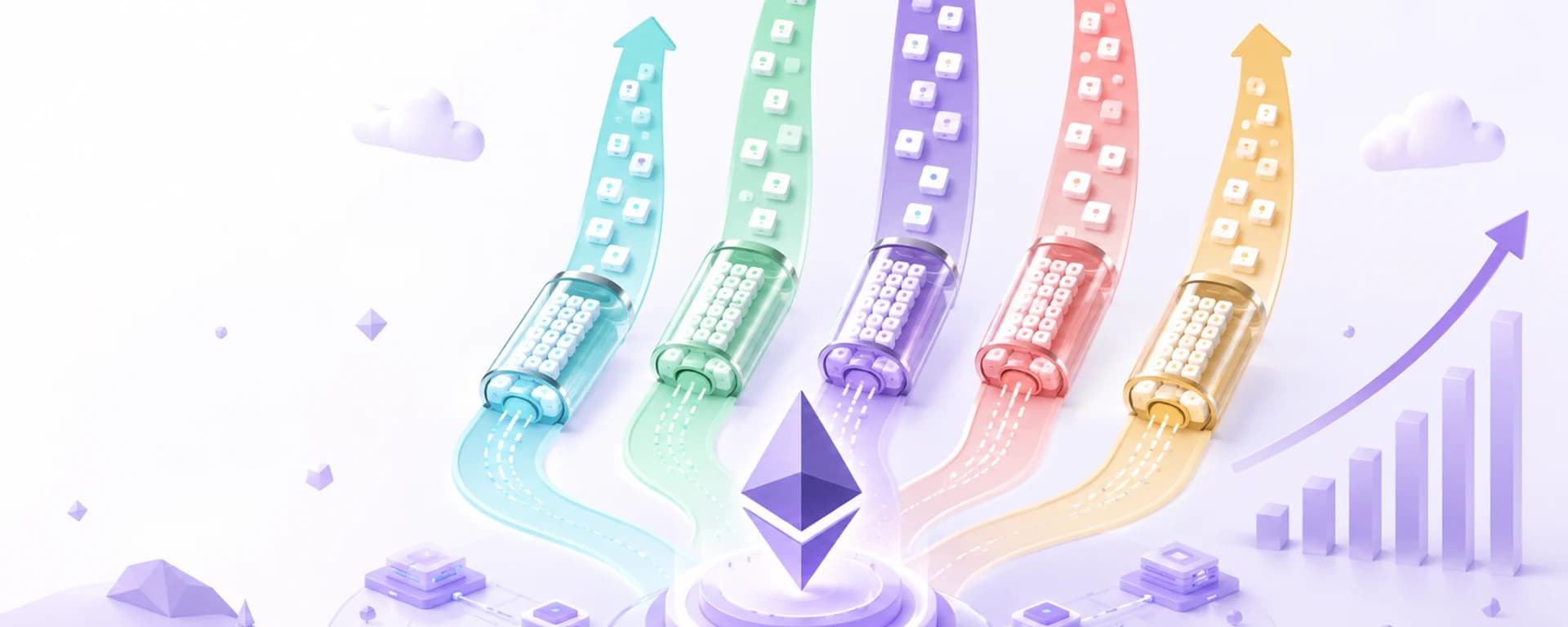 Generated editorial visual of stacked Ethereum rollup layers and compressed transaction lanes.