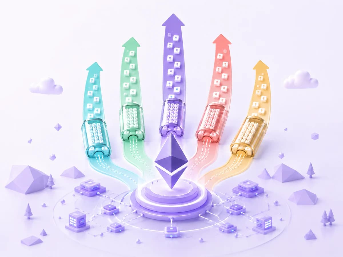 Generated editorial visual of stacked Ethereum rollup layers and compressed transaction lanes.