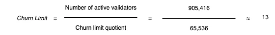 Validator exit churn limit formula: active validators divided by churn limit quotient, yielding roughly 13