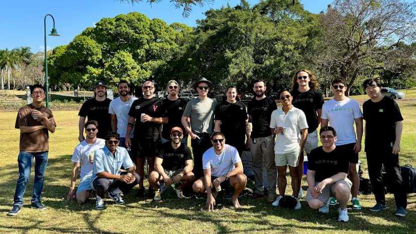 Group photo of the Labrys team gathered at New Farm Park for the 6th anniversary celebration