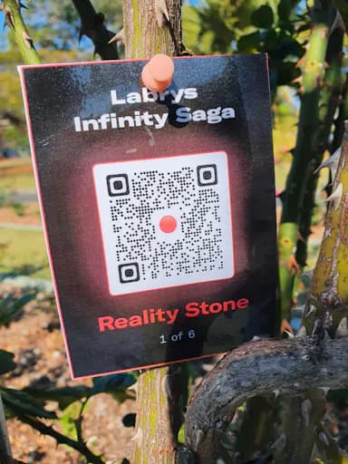 Labrys Infinity Saga Reality Stone QR code tag hanging from a tree as part of the NFT treasure hunt