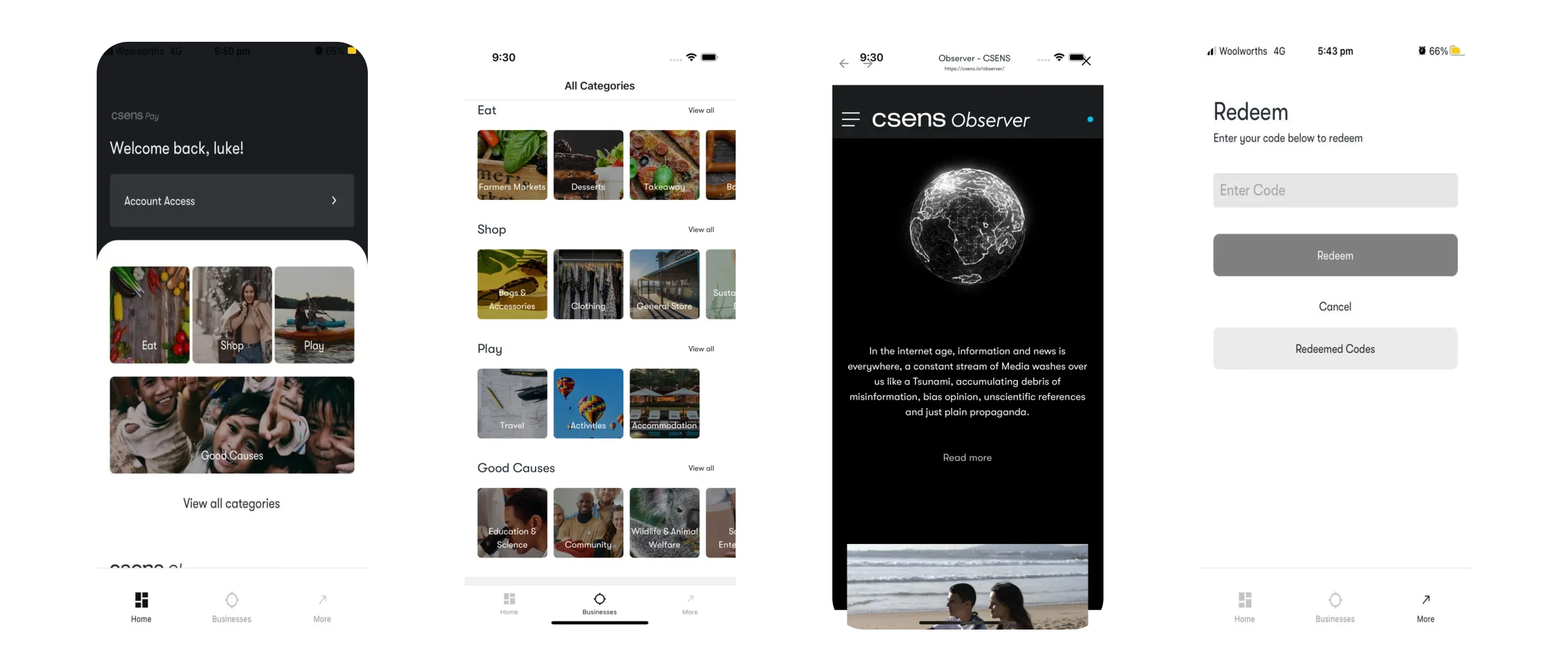 CSENS mobile app screens showing sustainable commerce wallet and transaction flows