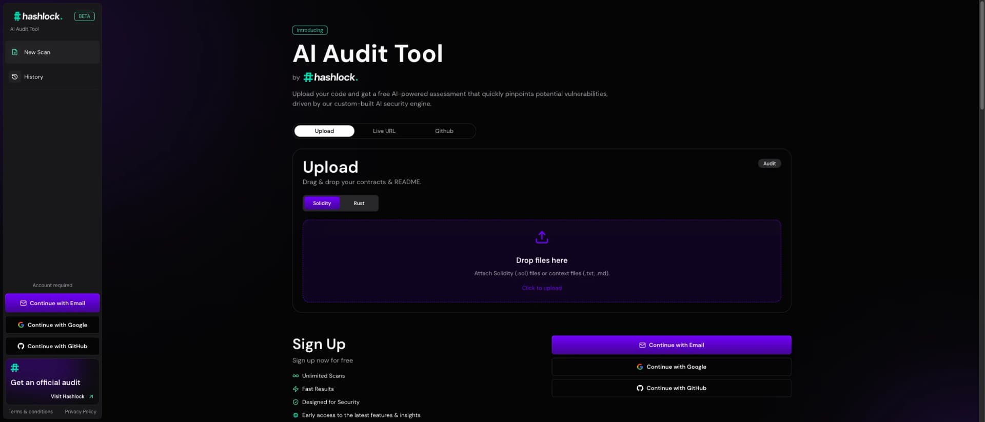 Hashlock AI Auditor smart contract security platform interface