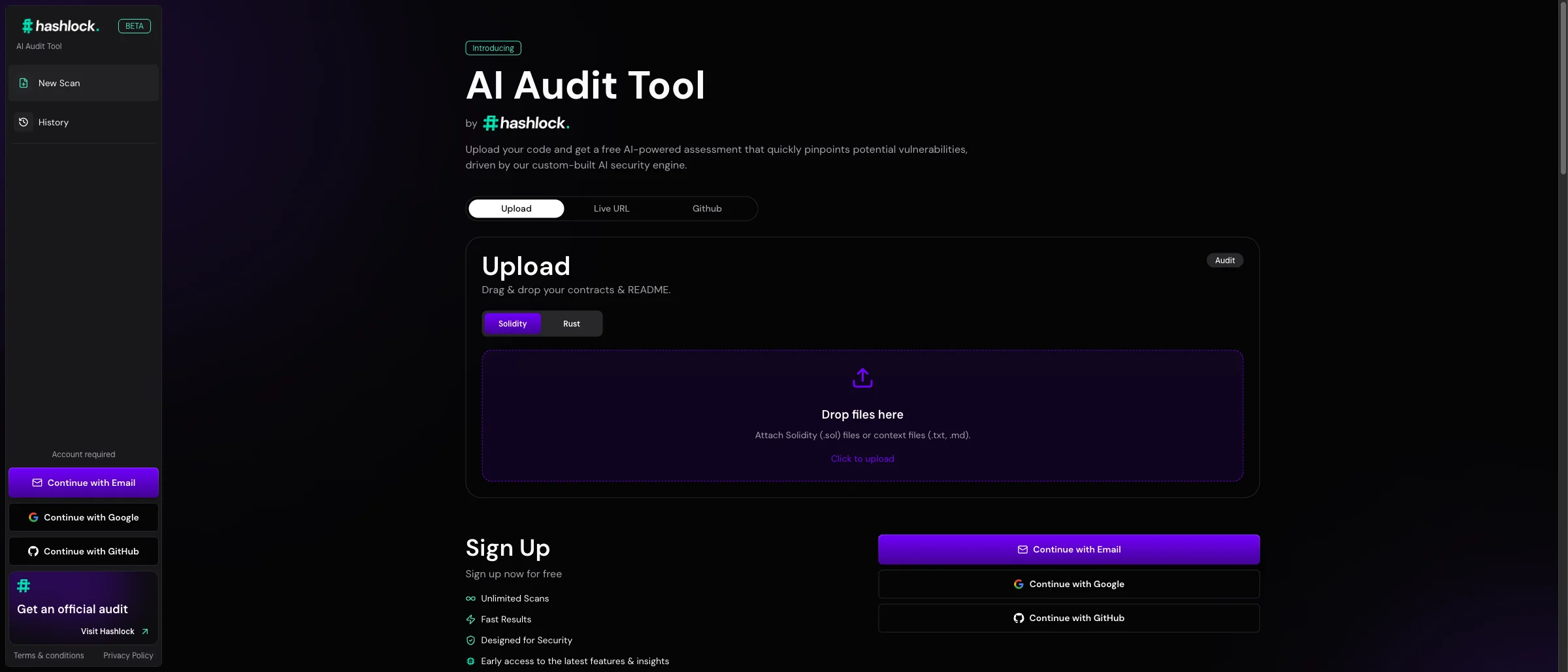 Hashlock AI Auditor landing with smart contract upload and login options