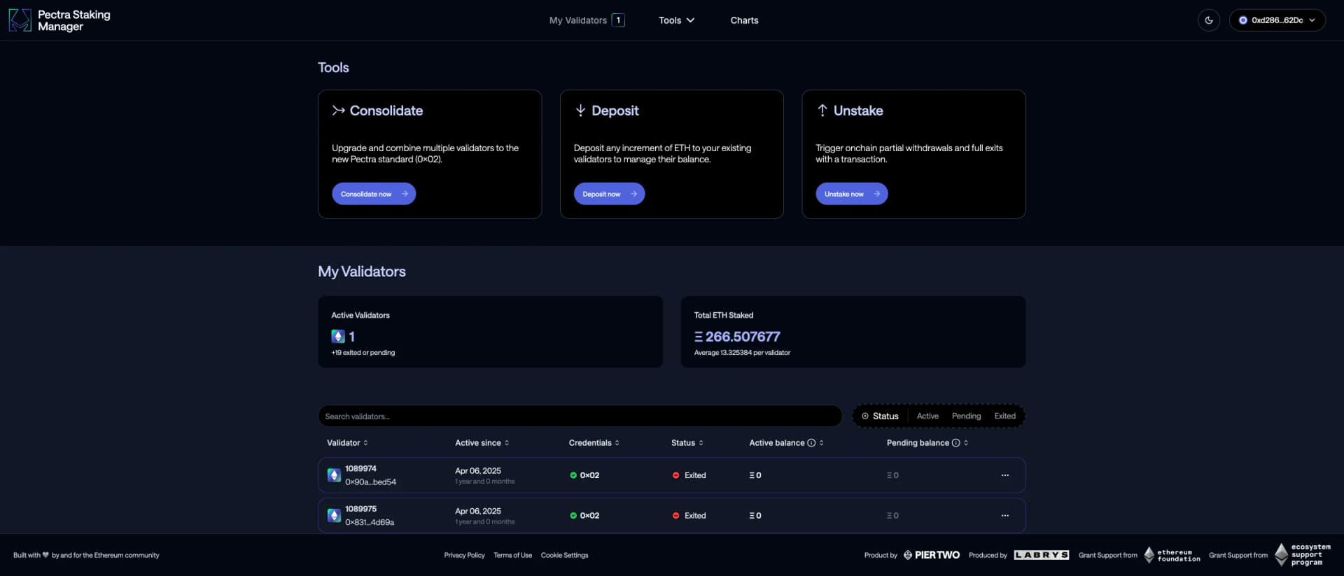 Pectra Staking Manager validator management interface