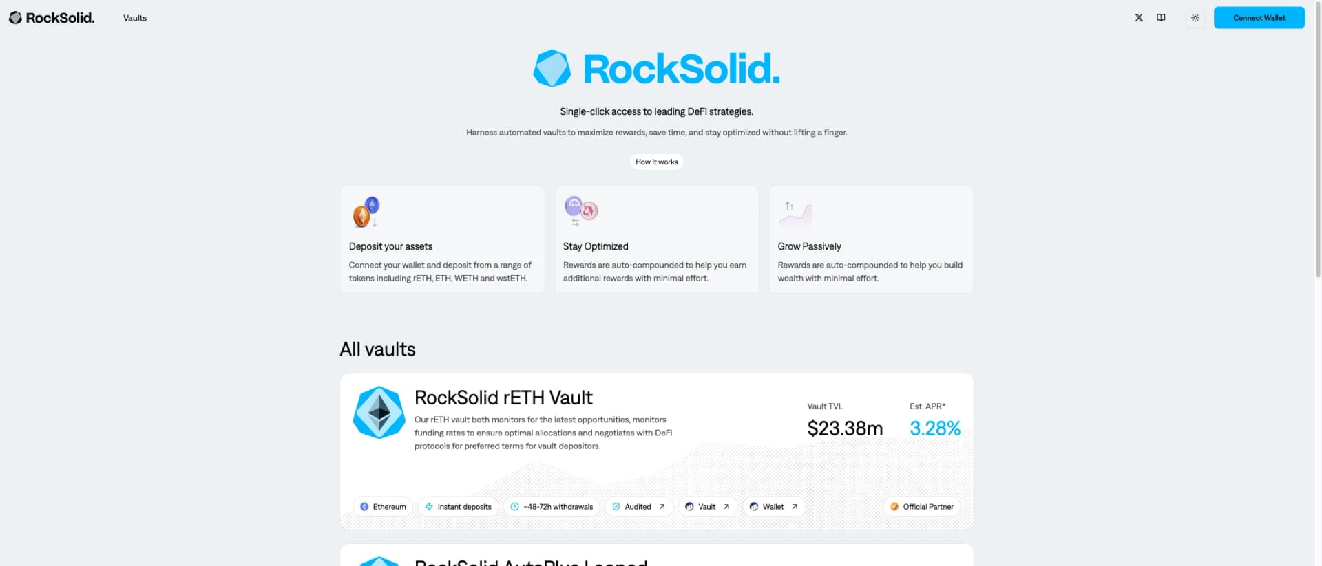 Rock Solid DeFi yield vault application screenshot