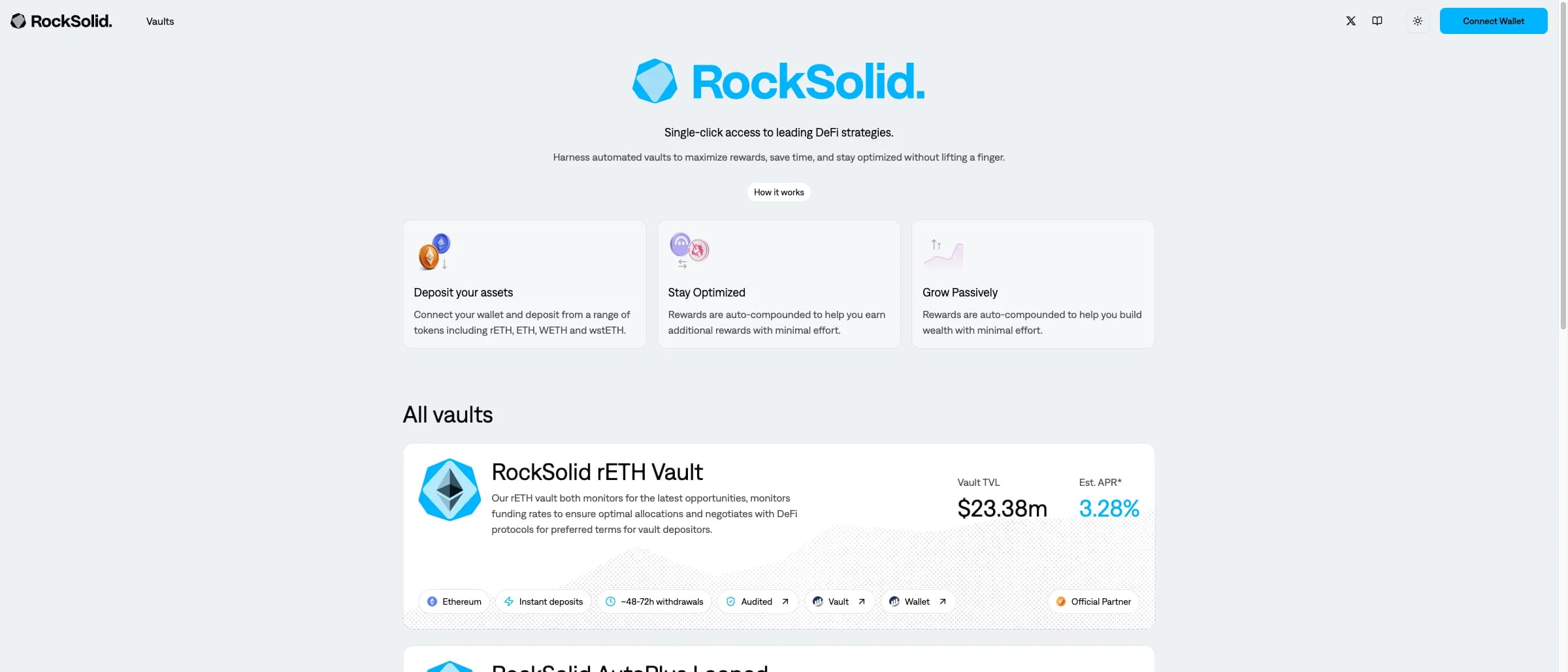 Rock Solid DeFi yield vault dashboard with TVL, APR and vault cards