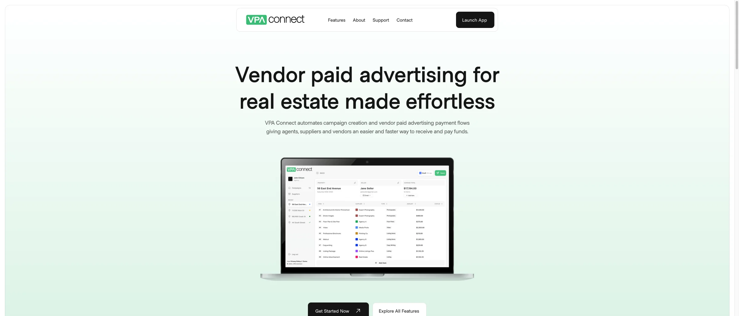 VPA Connect marketing landing with laptop mockup
